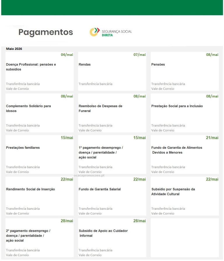 Datas de Pagamento Segurança Social: Antecipação Subsídios e Pensões em maio