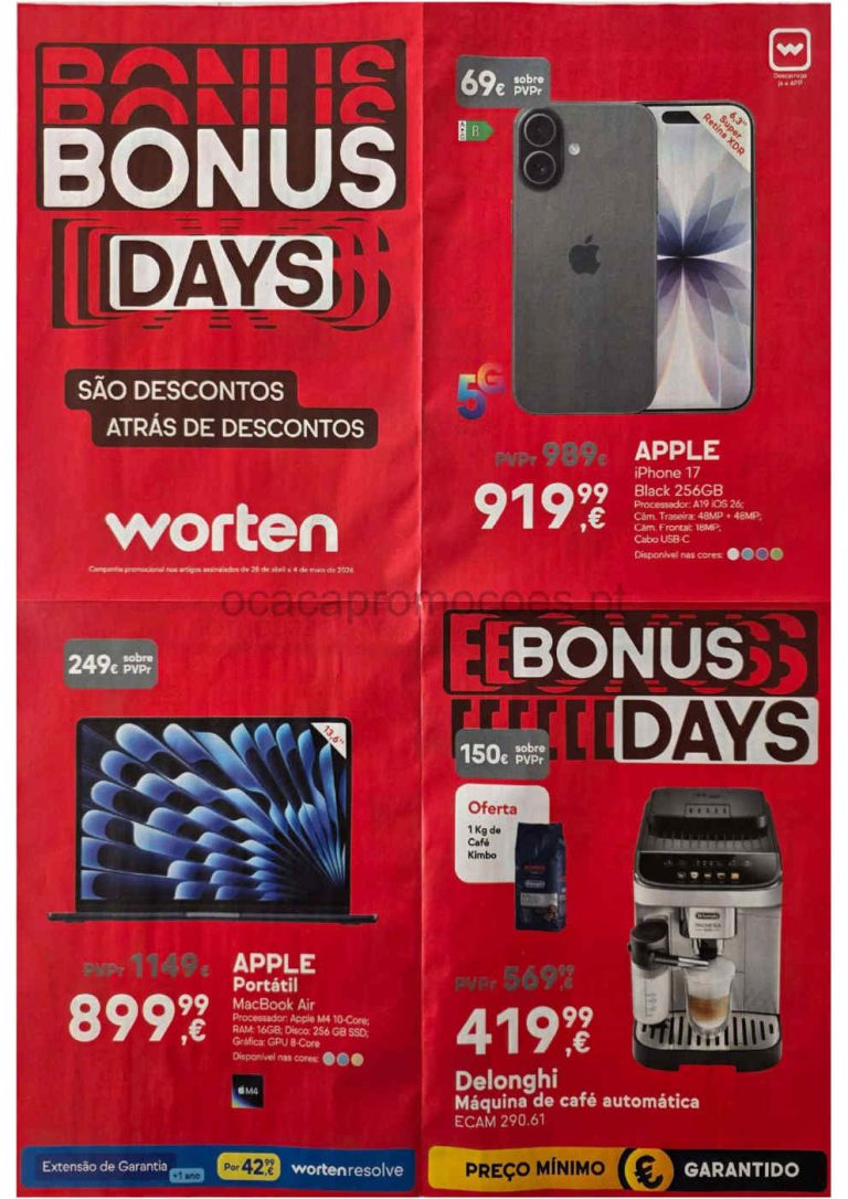 Folheto Worten Bonus Days: Antevisão Promoções 28 abril a 4 maio