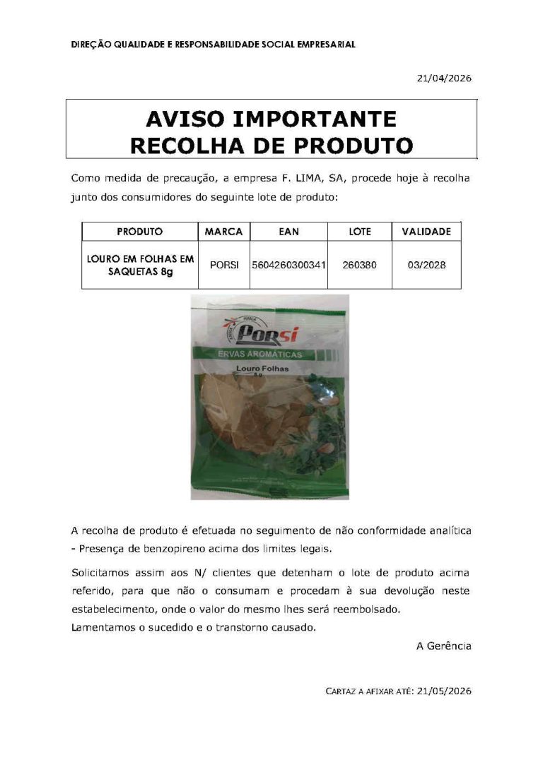 Intermarché alerta para recolha de artigo PorSi – Folhas de Louro