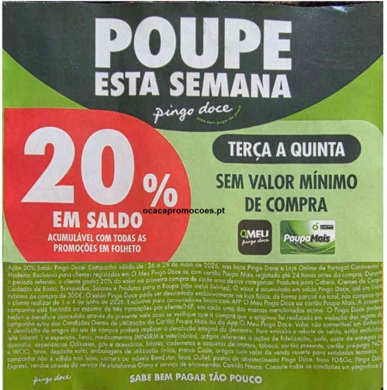 Antevisão Pingo Doce: 20% desconto cartão 26 a 28 de maio