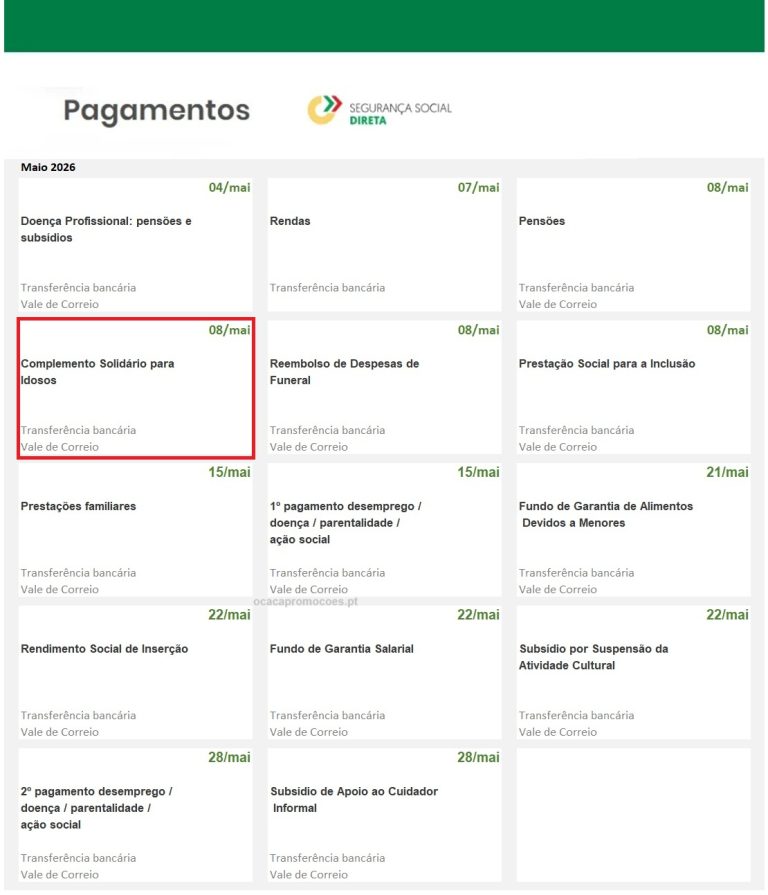 Subsídios: Complemento Solidário para Idosos – data de pagamento maio