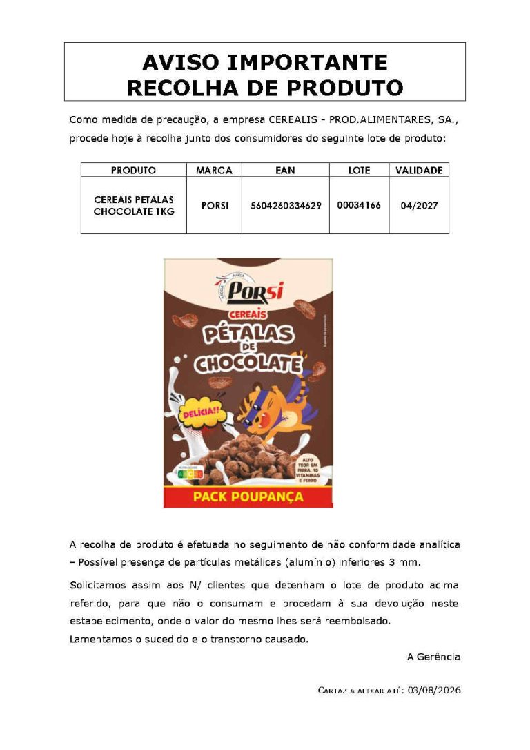Intermarché alerta para recolha de artigo PorSi – Cereais Pétalas chocolate 1kg