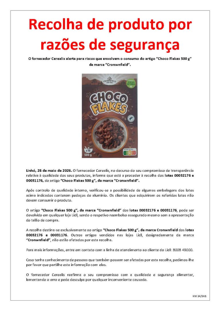 LIDL alerta para recolha  do artigo Choco Flakes 500 g da marca Cronwnfield