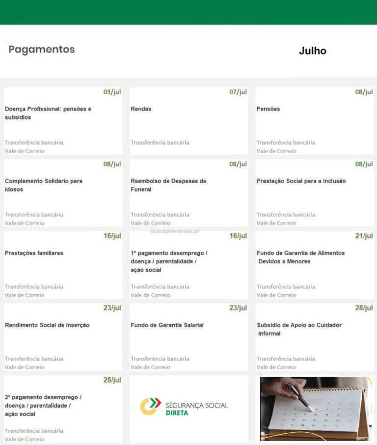 Datas pagamento Segurança Social de julho – O Calendário Subsídios 2026