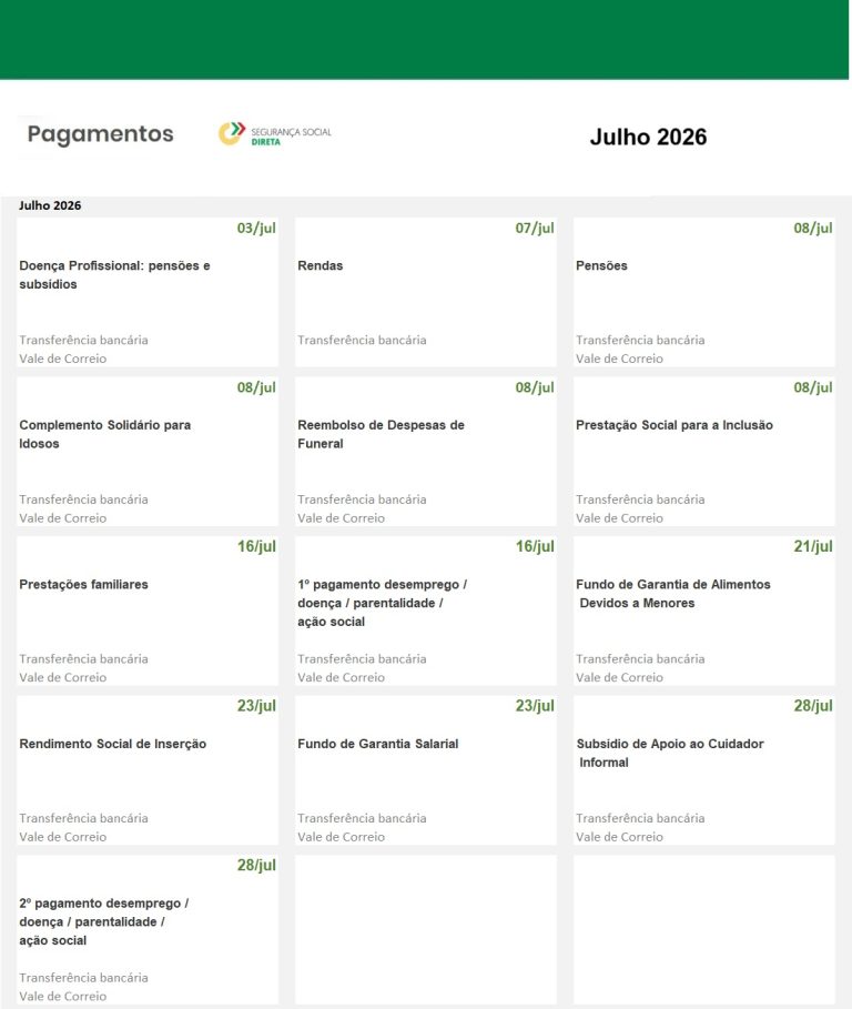 Subsídios e Pensões em julho – Datas pagamento Segurança Social