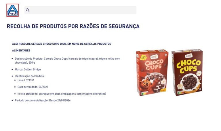 Aldi alerta para recolha de cereais CHOCO CUPS 500G