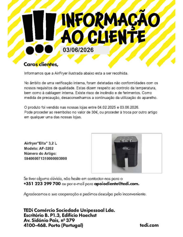 Lojas TEDI alertam para recolha de Airfryer Elta – risco de incêndio