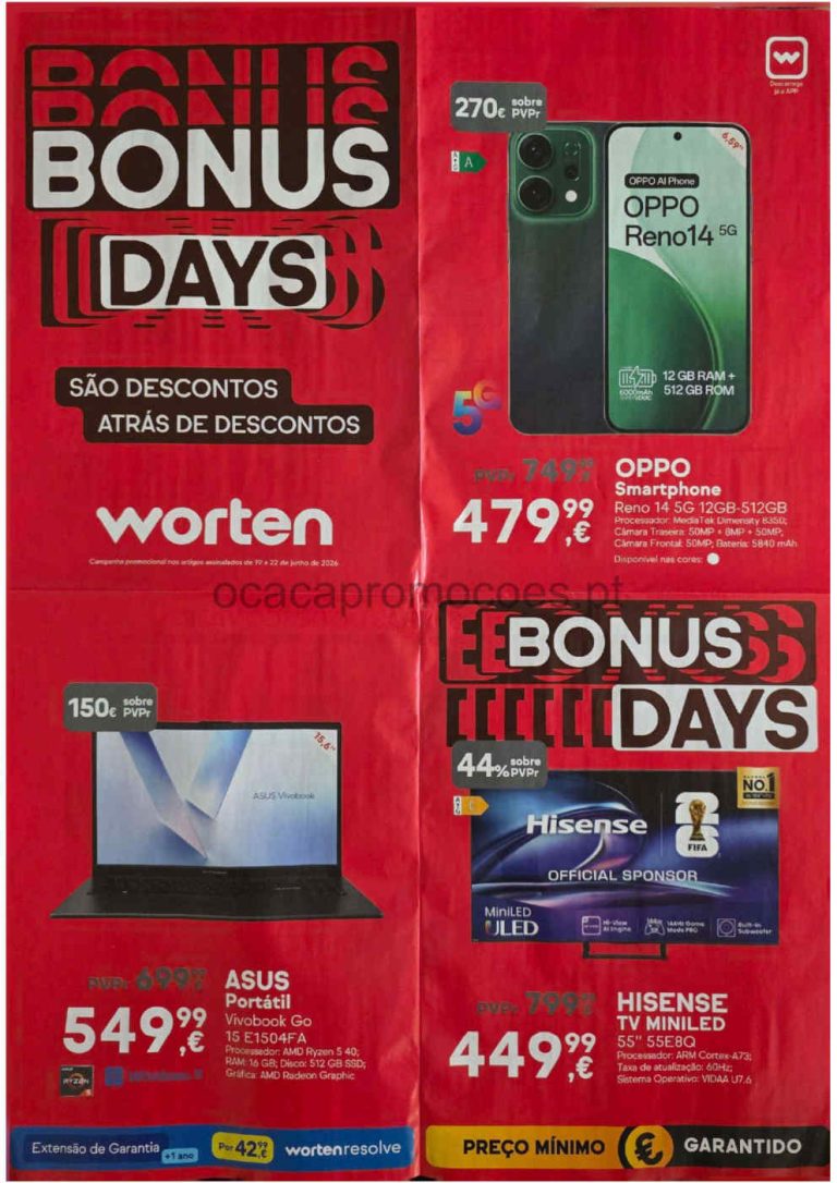 Folheto Worten Bonus Days: Antevisão Promoções 20 a 22 de junho
