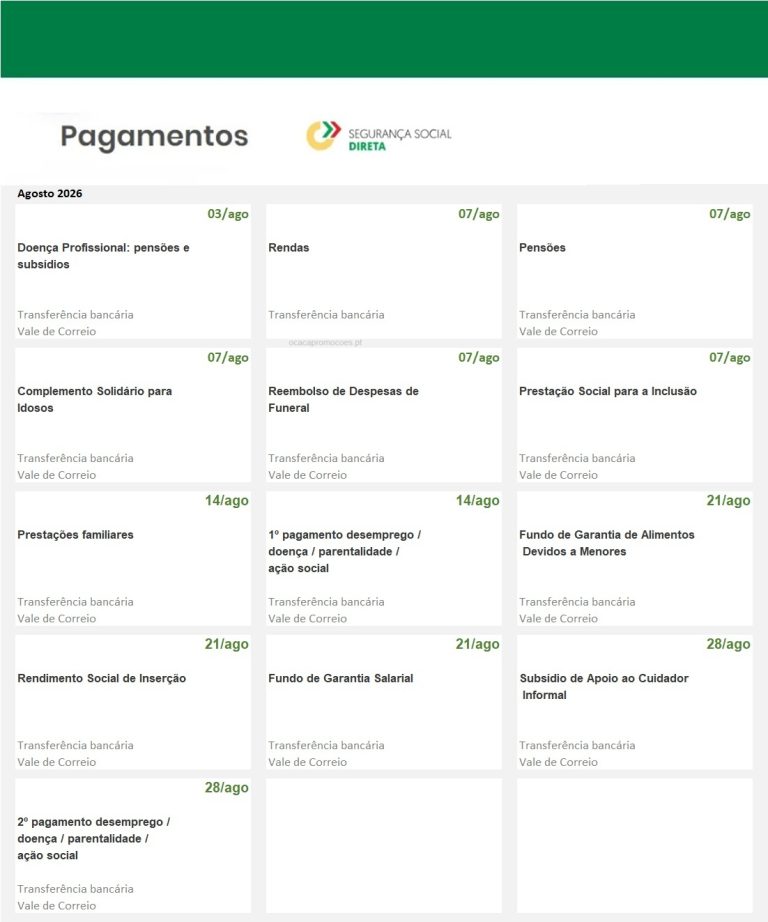 Subsídios e Pensões em agosto – Datas pagamento Segurança Social
