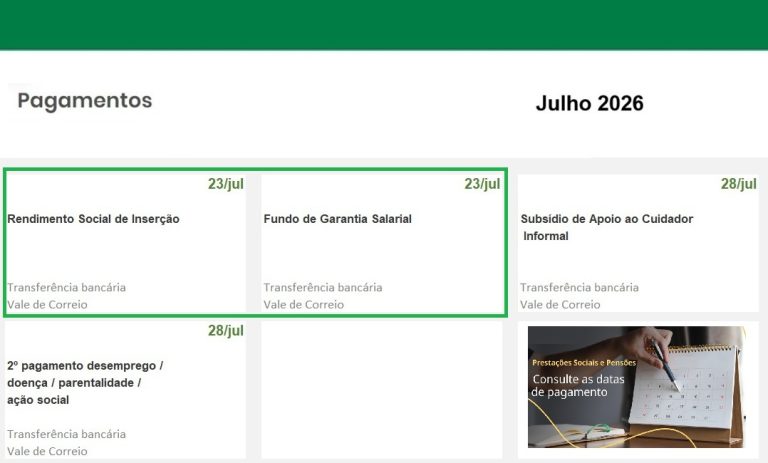 Subsídios – Datas pagamento Segurança Social próxima semana 20 a 26 de julho
