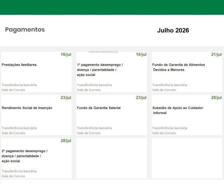 Subsídios e Pensões – Datas pagamento Segurança Social na segunda quinzena julho