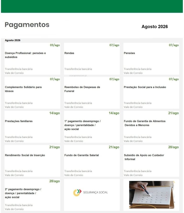Datas pagamento Segurança Social de agosto – O Calendário Subsídios 2026