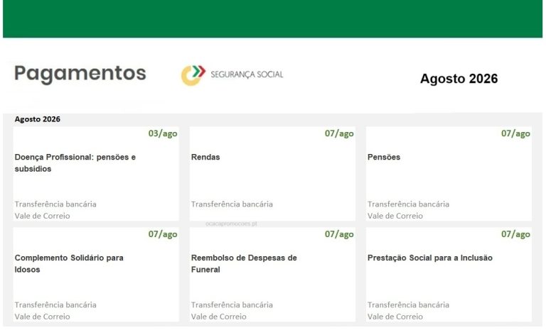 Subsídios – Datas pagamento Segurança Social próxima semana 3 a 9 de agosto