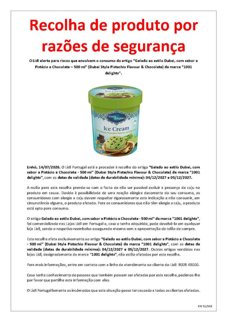 LIDL alerta para recolha de Gelado ao estilo Dubai, com sabor a Pistácio e Chocolate