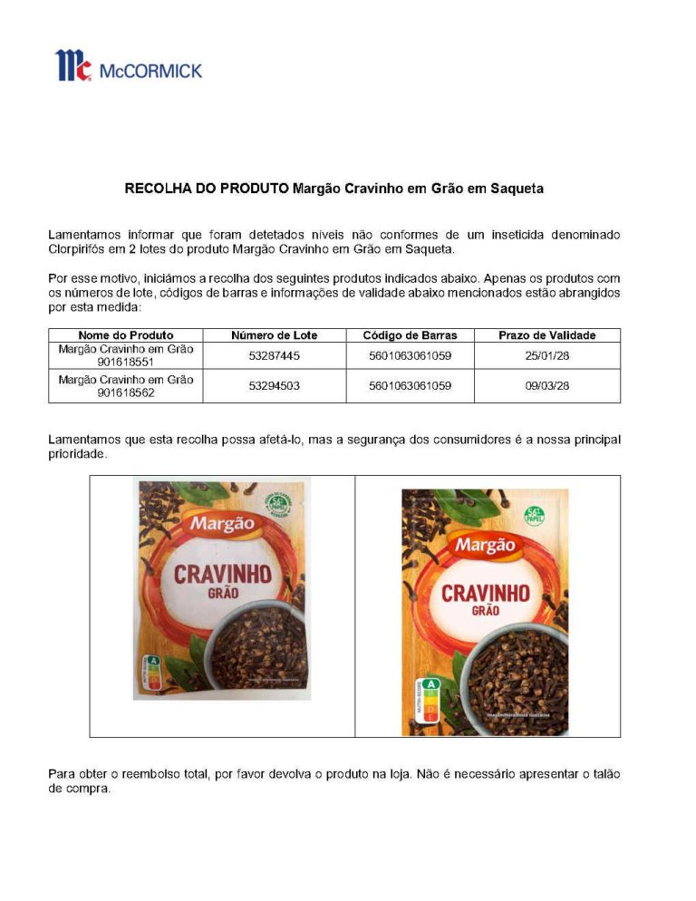 Margão alerta para Recolha de Produto – Cravinho em Grão em Saqueta