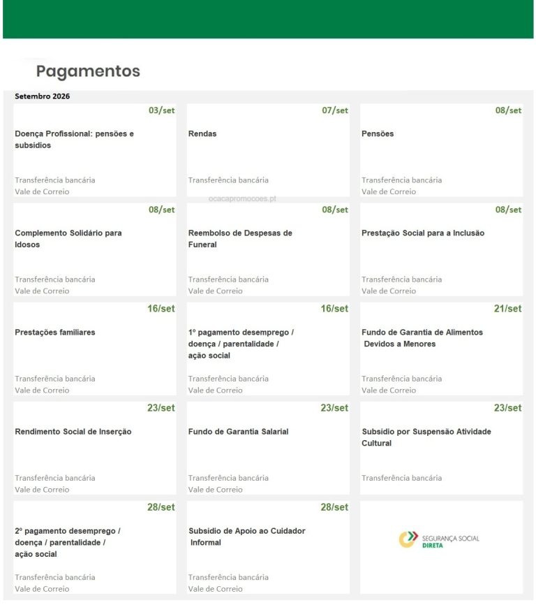 Datas pagamento Segurança Social de setembro – O Calendário Subsídios 2026