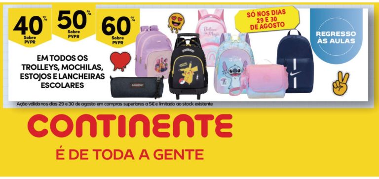 Antevisão Continente Regresso às aulas – 40% a 60% em Mochilas em Estojos em lancheiras e Trolleys