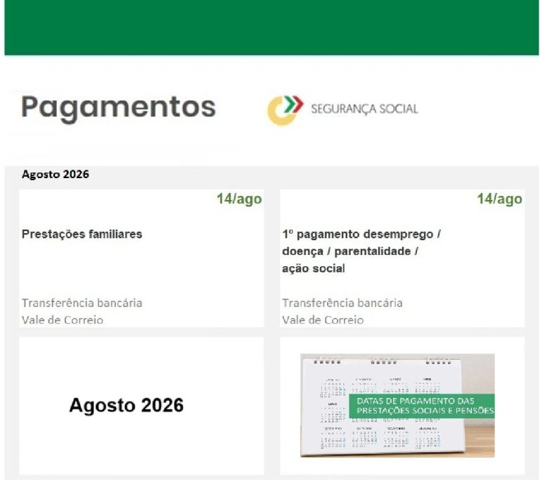 Subsídios – Datas pagamento Segurança Social próxima semana 10 a 16 de agosto