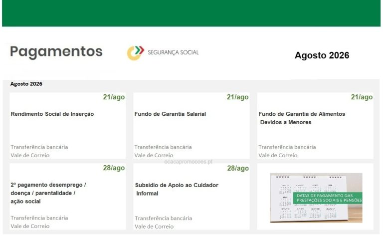 Subsídios e Pensões – Datas pagamento Segurança Social na segunda quinzena agosto