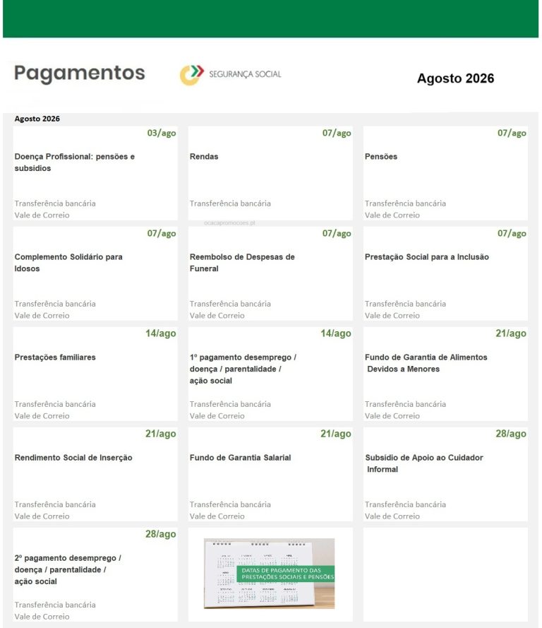 Calendário Subsídios – Datas pagamento Segurança Social em agosto