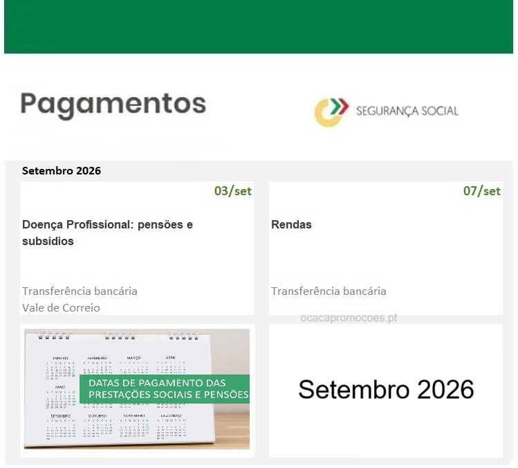 Subsídios – Datas pagamento Segurança Social próxima semana 31 agosto a 6 setembro