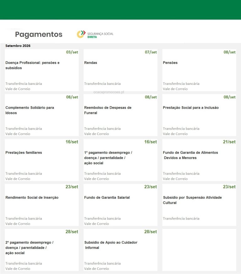 Subsídios e Pensões em setembro – Datas pagamento Segurança Social