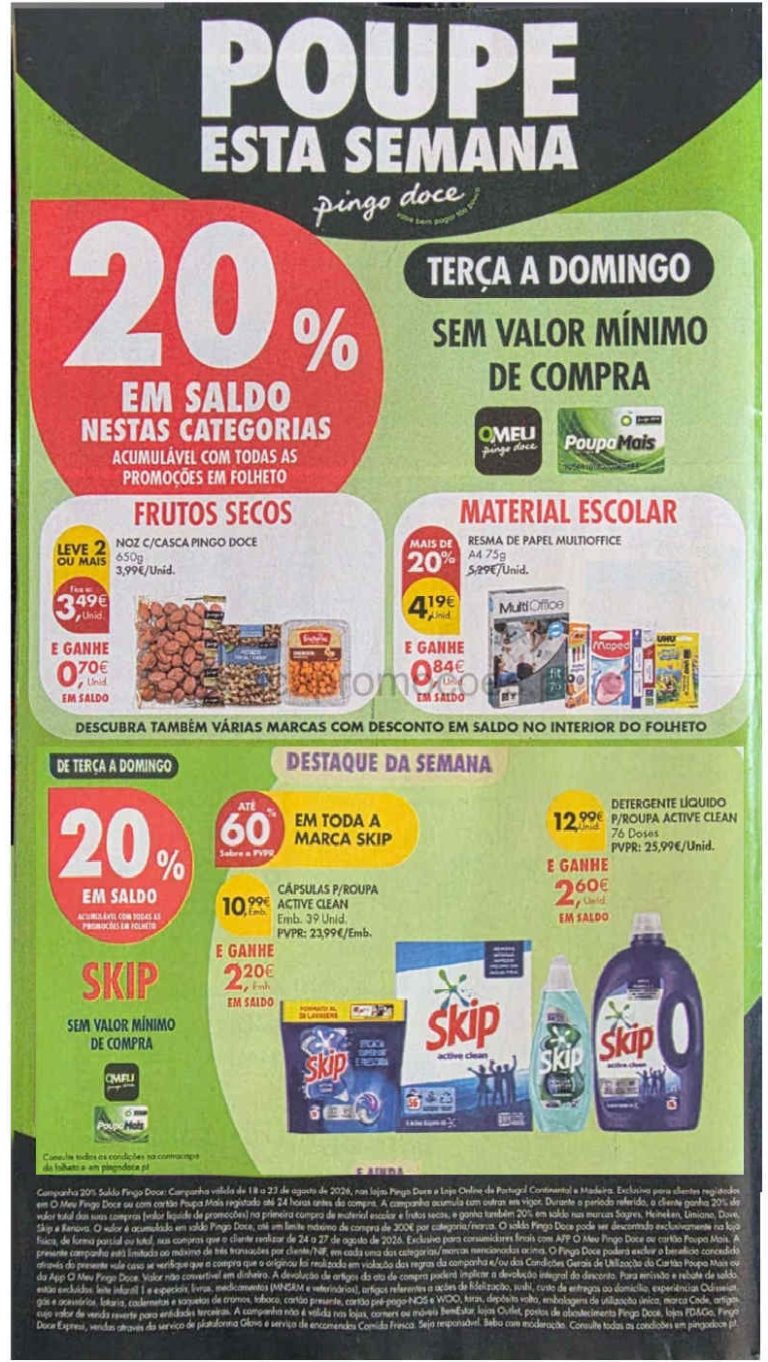 Antevisão Pingo Doce – 20% desconto em Saldo de 18 a 23 agosto