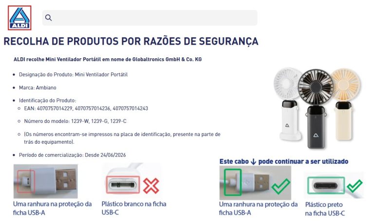 ALDI alerta para recolha Mini Ventilador Portátil Ambiano