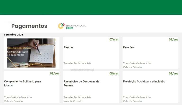 Subsídios – Datas pagamento Segurança Social próxima semana de 7 a 13 setembro