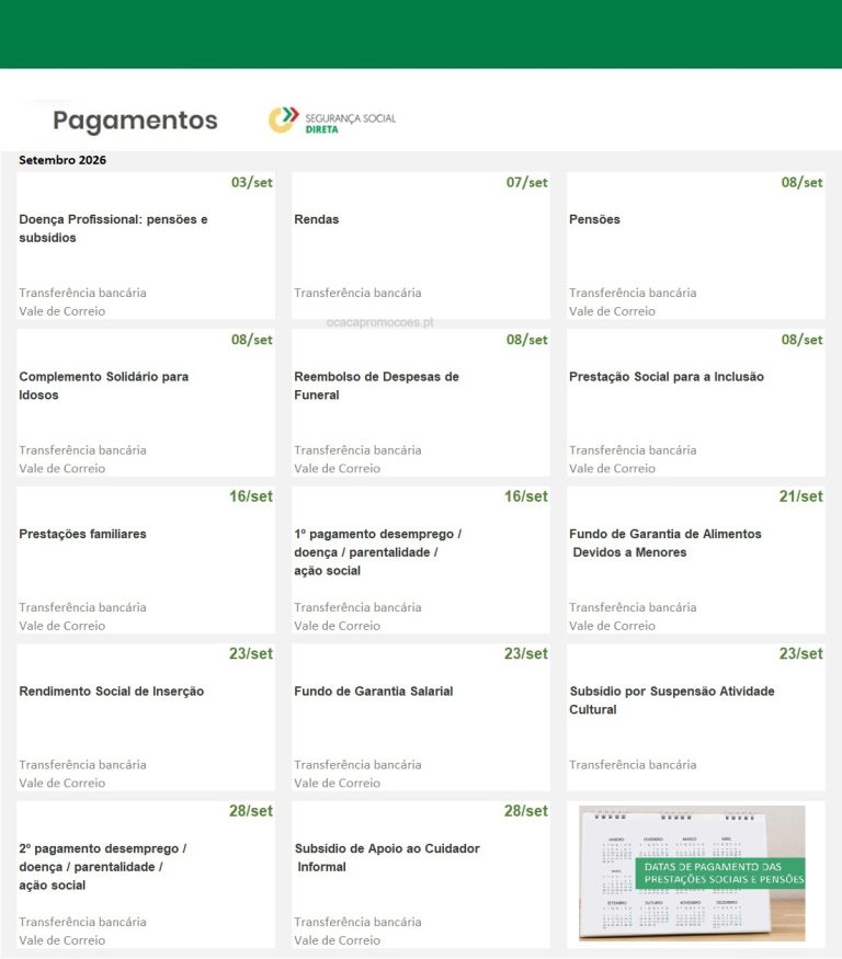 Calendário Subsídios – Datas pagamento Segurança Social em setembro
