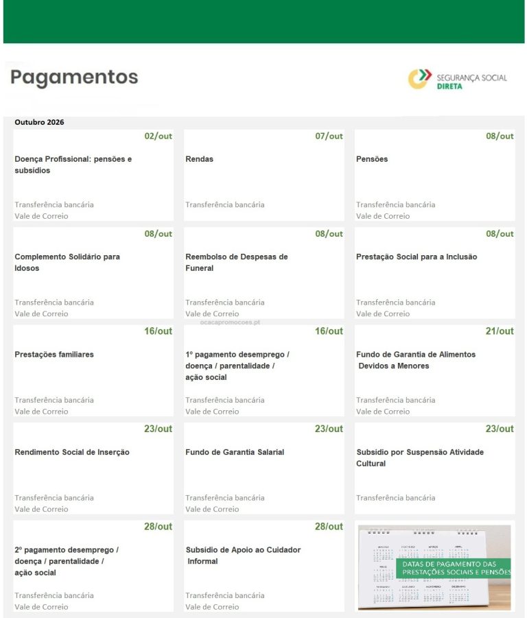 Calendário Subsídios – Datas pagamento Segurança Social em outubro