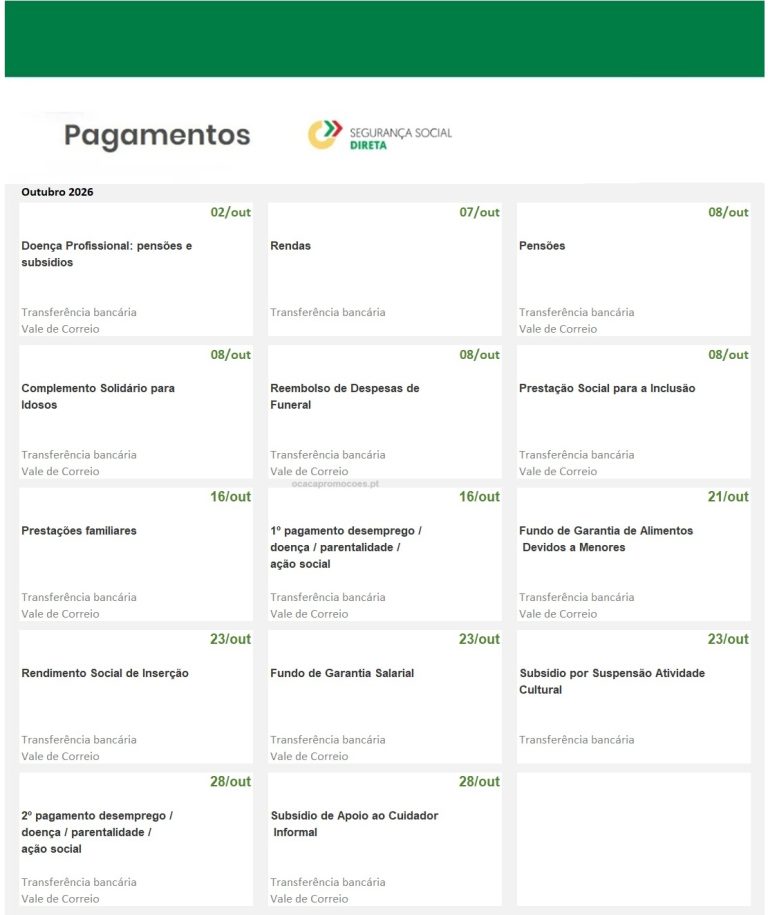 Subsídios e Pensões em outubro – Datas pagamento Segurança Social