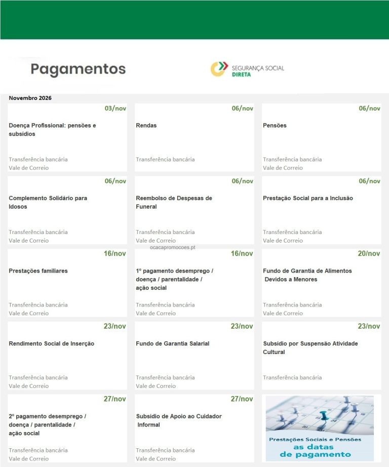 Calendário Subsídios – Datas pagamento Segurança Social em novembro