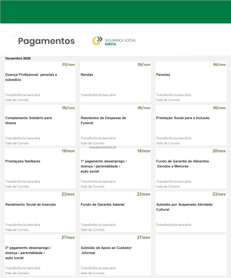Subsídios e Pensões em novembro – Datas pagamento Segurança Social