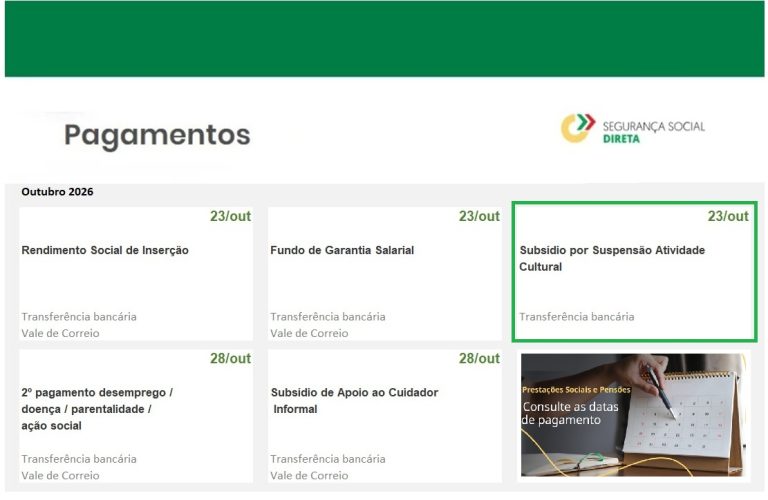 Subsídio por Suspensão da Atividade Cultural – Data de pagamento em outubro