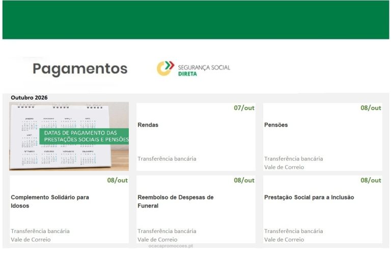 Subsídios – Datas pagamento Segurança Social próxima semana 5 a 11 de outubro