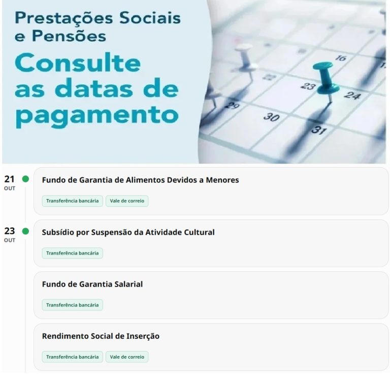 Subsídios – Datas pagamento Segurança Social Esta Semana de 19 a 23 outubro